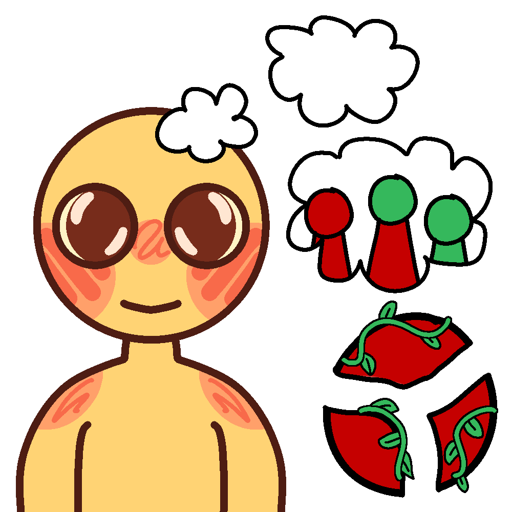 A basic yellow emoji-figure with big brown eyes and red-blush effects on their cheeks and shoulders stare a the camera. They have a thought bubble showing that they are thinking of their system, which are represented by green and red figures. Beneath the thought bubble, there's a red circle that's been cut into three pieces with tiny green vines growing on them 